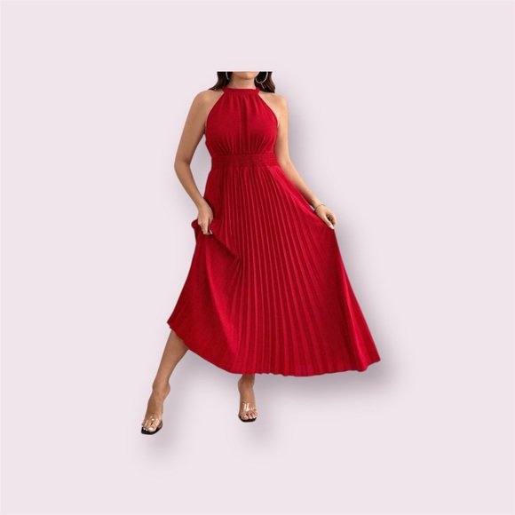 None Dresses & Skirts - Red Pleated Asymmetrical Halter Sundress